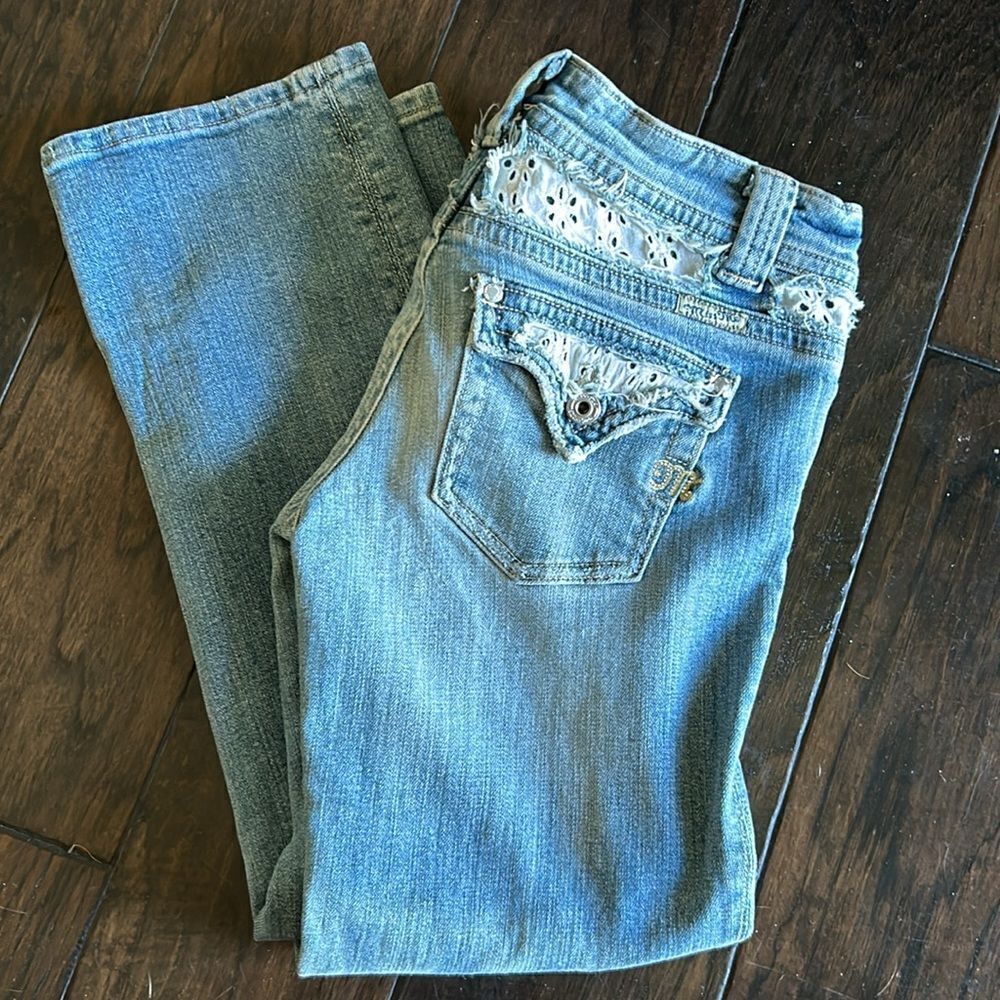Miss Me Light Blue Cropped Jeans with White Embellishments